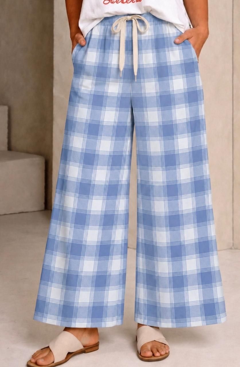 jackbella Women Loose Fit Blue, White Cotton Blend Trousers-picture-9
