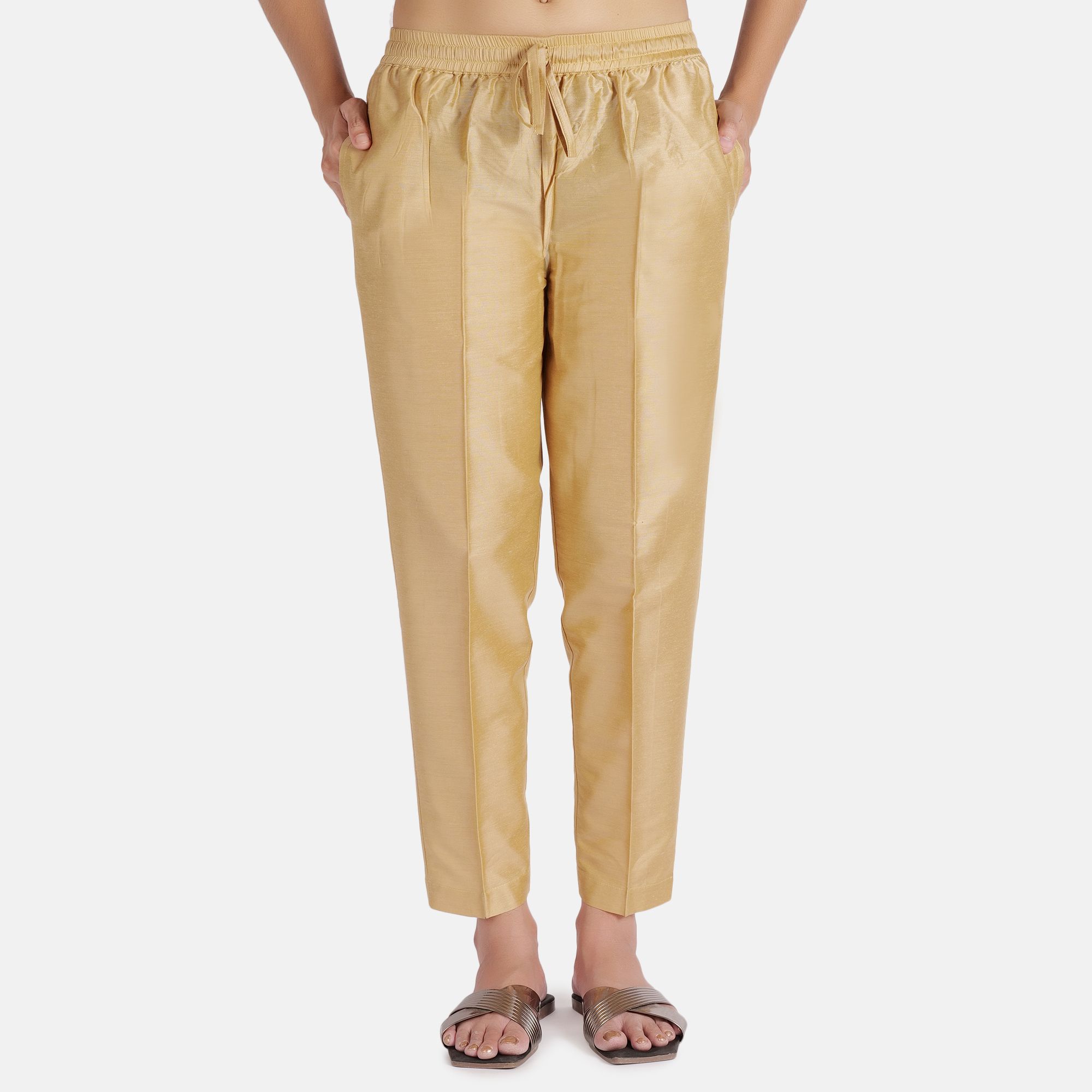 Women Regular Fit Gold Polyester Trousers-image-6