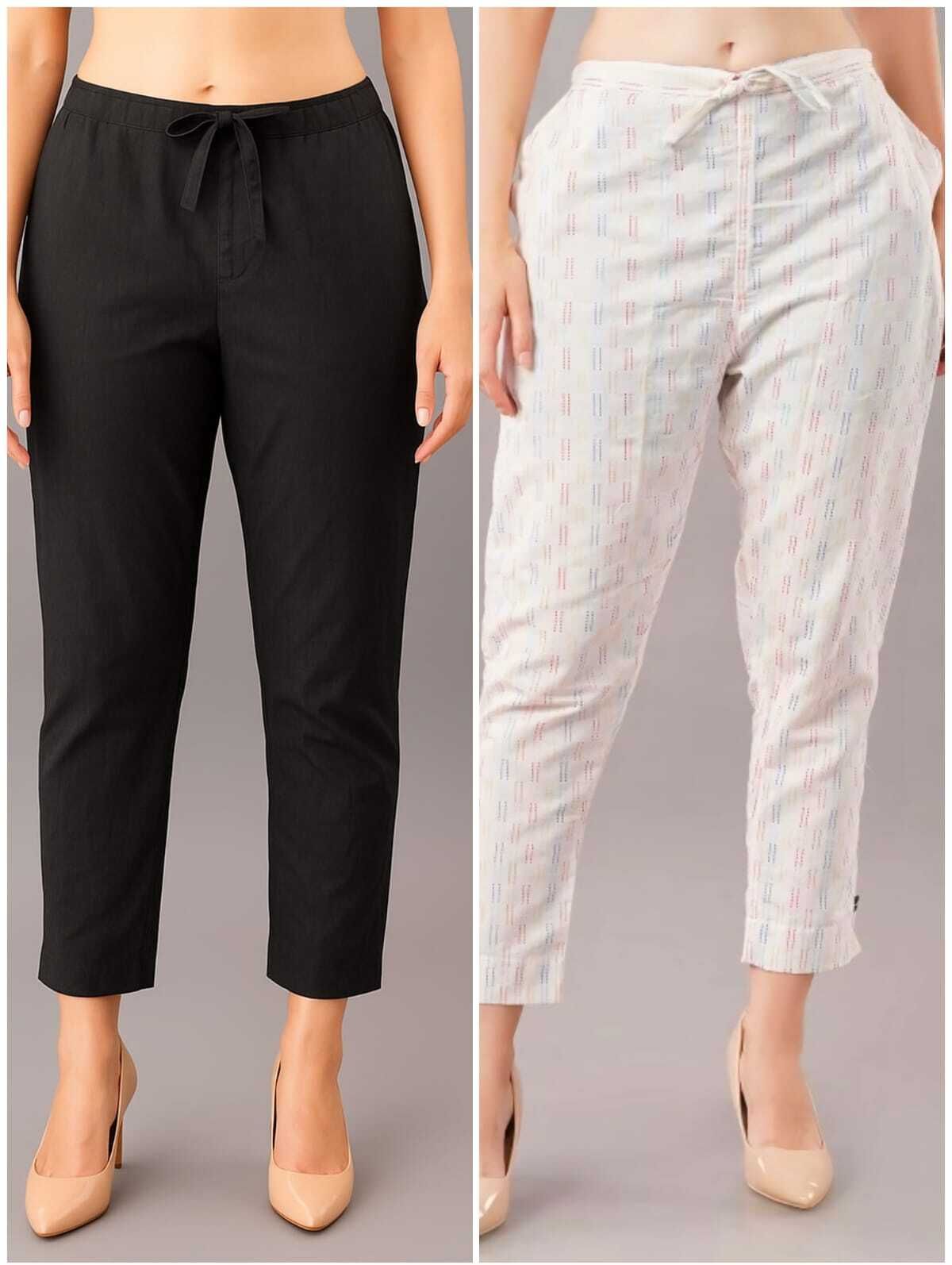 Pack of 2 Women Slim Fit Black, White Cotton Blend Trousers