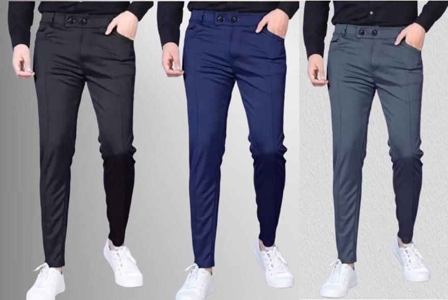 Pack of 3 Men Regular Fit Black, Grey, Dark Blue Lycra Blend Trousers
