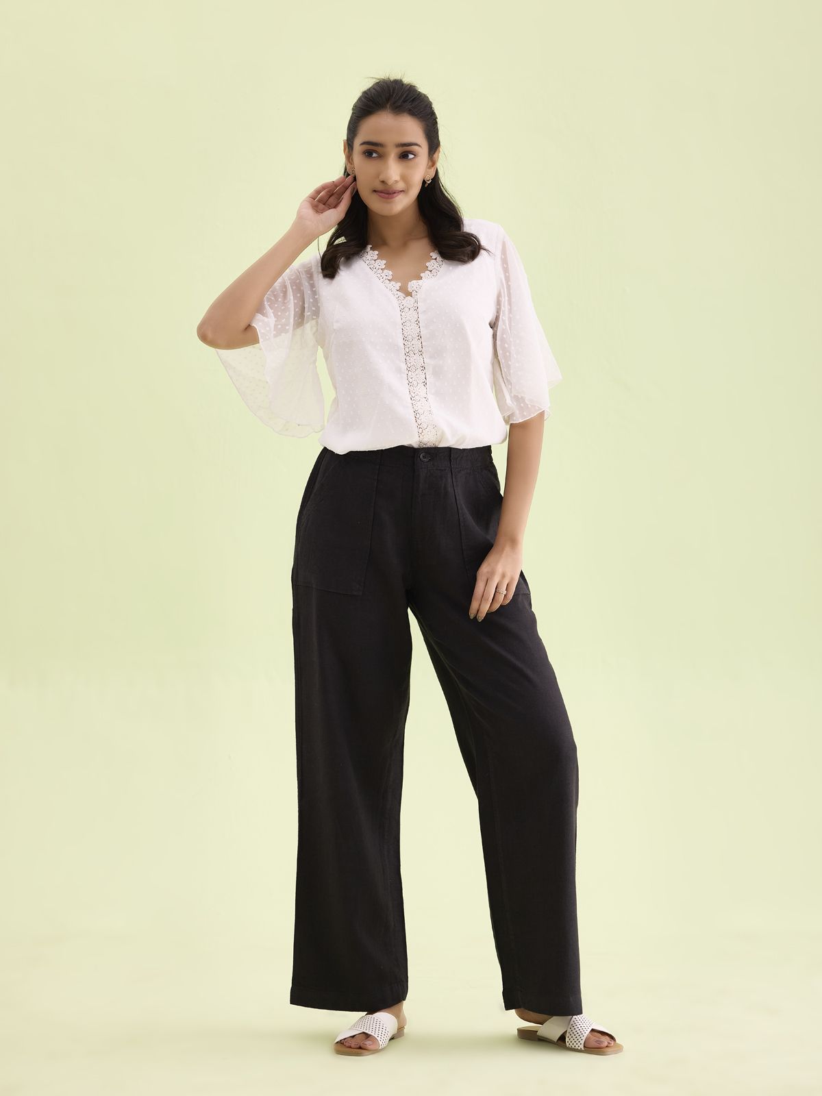 go colors Women Relaxed Black Linen Blend Trousers-picture-13