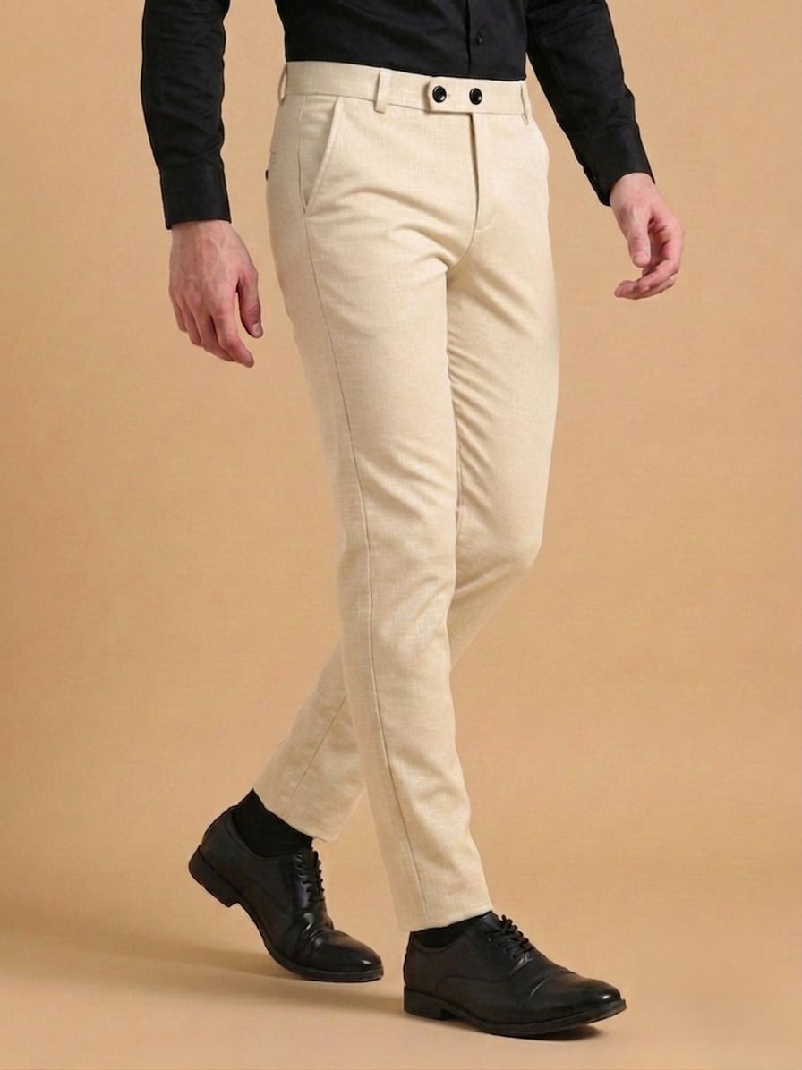 Men Slim Fit Cream Lycra Blend Trousers-image-17