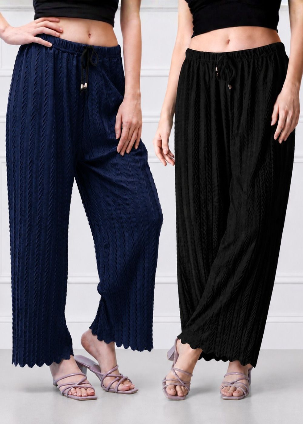 sweetseam Pack of 2 Women Straight Fit Black, Dark Blue Lycra Blend Trousers-picture-4