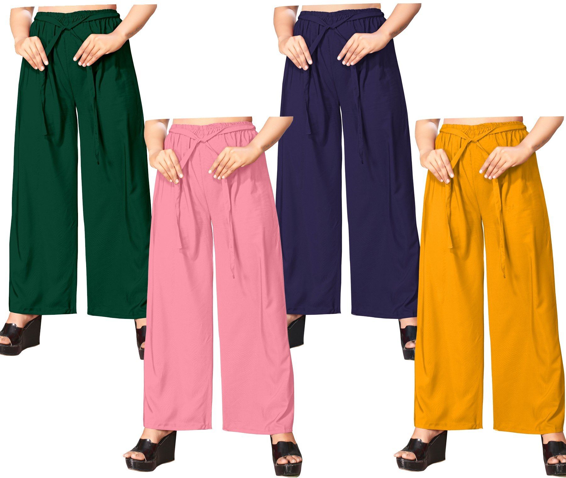 Pack of 4 Women Loose Fit Multicolor Crepe Trousers-image-21