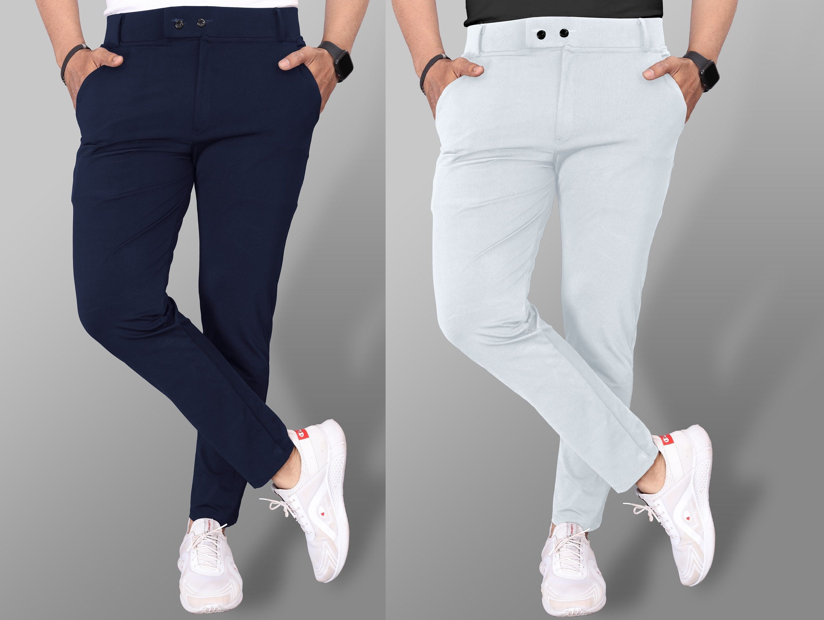 miramichi Pack of 2 Men Regular Fit Blue, White Lycra Blend Trousers-picture-10