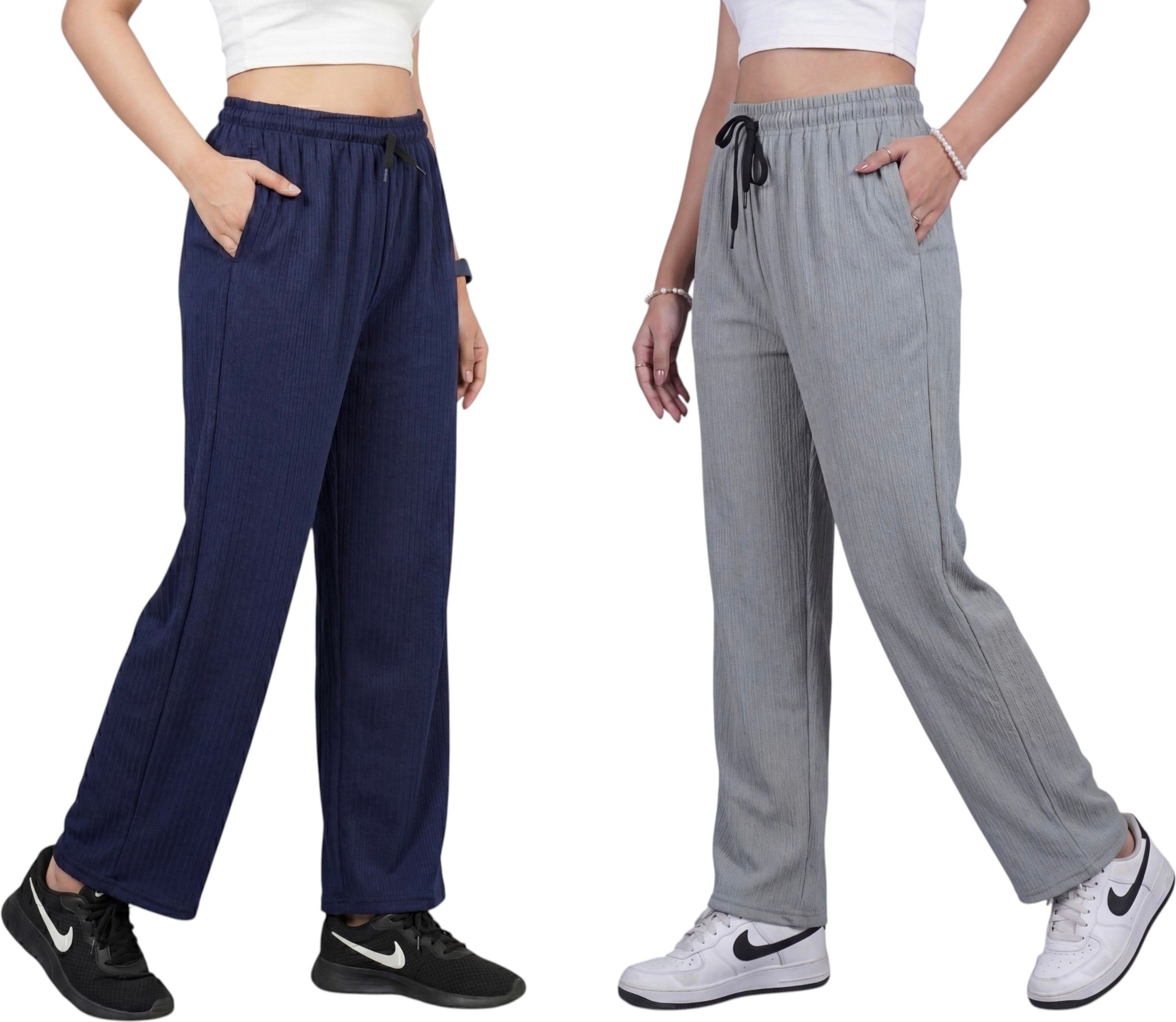 dkd Pack of 2 Women Loose Fit, Relaxed Dark Blue, Grey Lycra Blend Trousers-picture-2