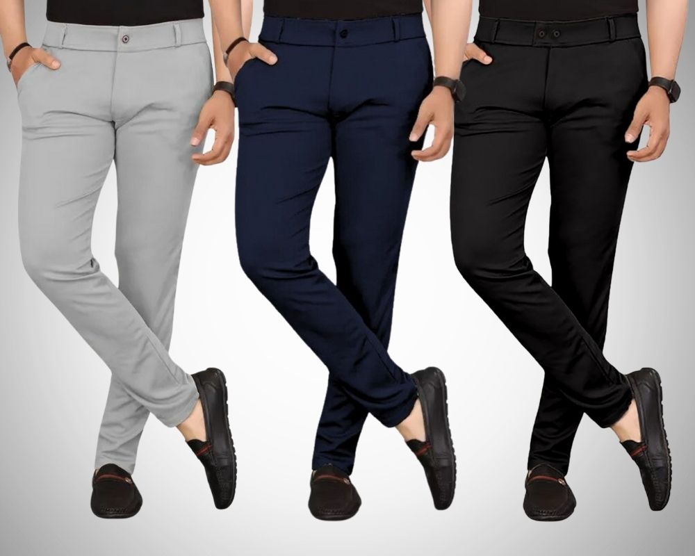 chartou Pack of 3 Men Regular Fit Multicolor Lycra Blend Trousers-picture-10