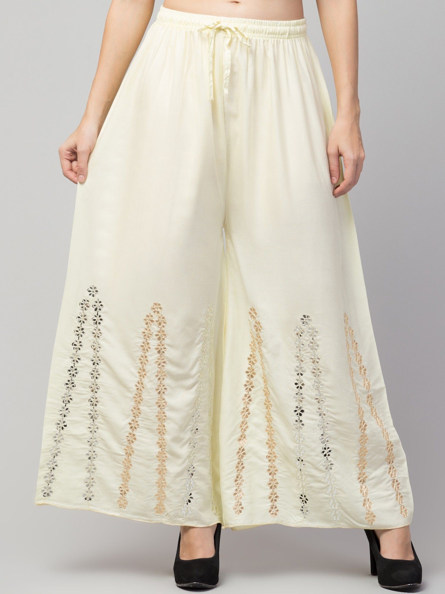 Women Flared Cream Viscose Rayon Trousers-image-21