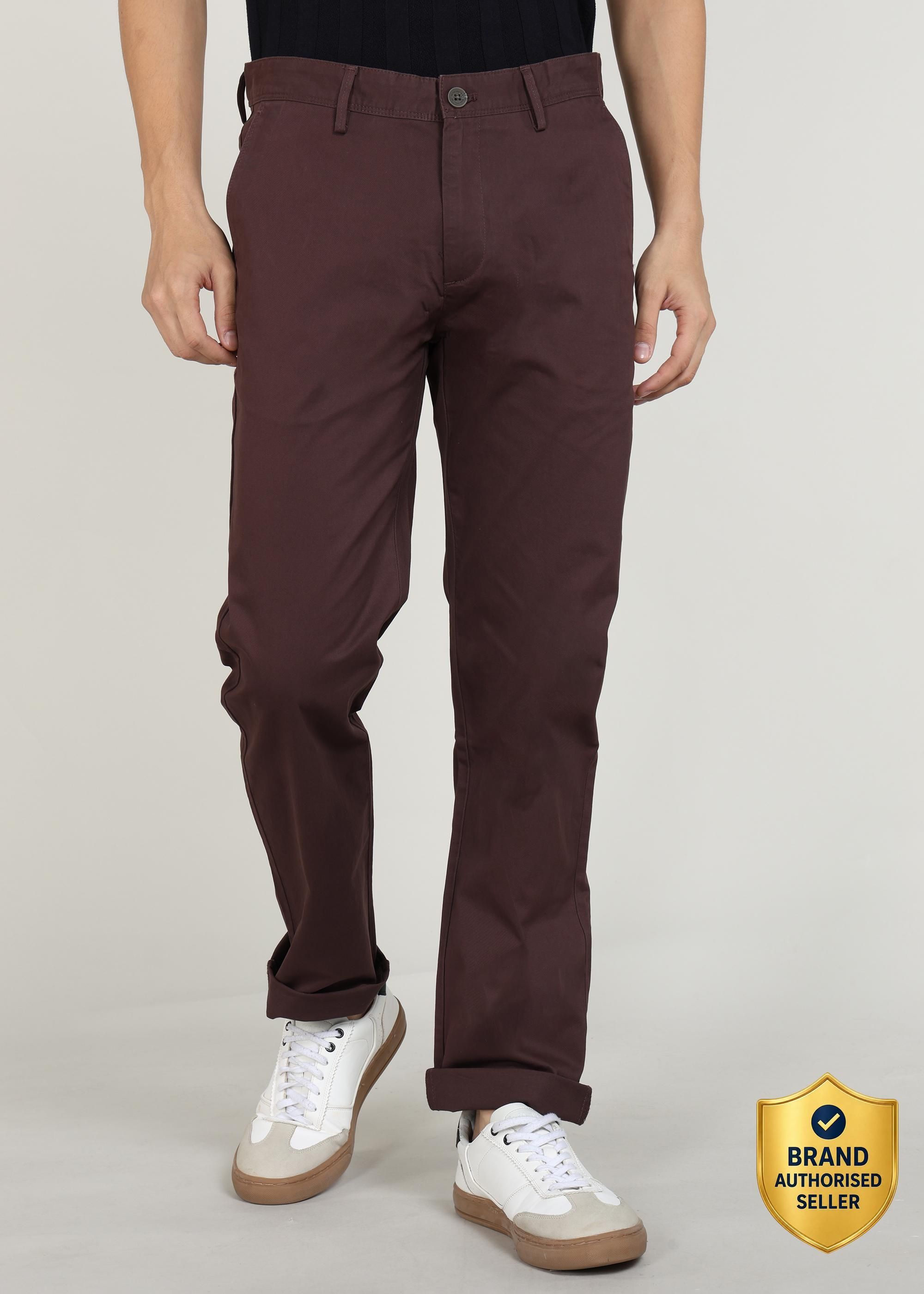 peter england Men Slim Fit Brown Pure Cotton Trousers-picture-27