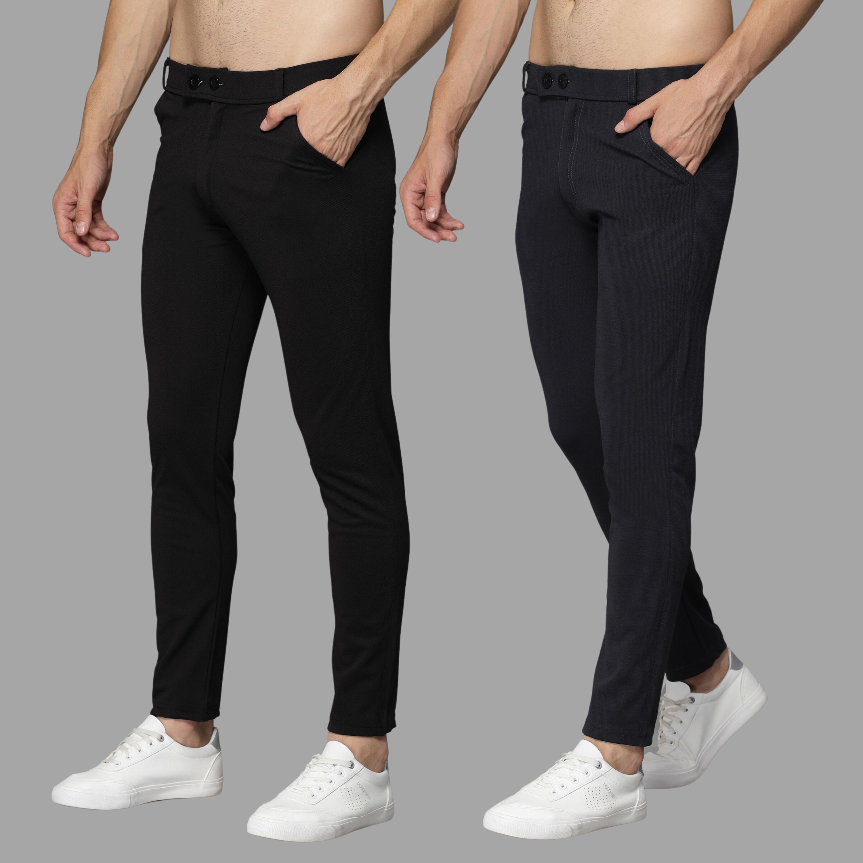 Pack of 2 Men Slim Fit Black, Grey Lycra Blend Trousers-image-8