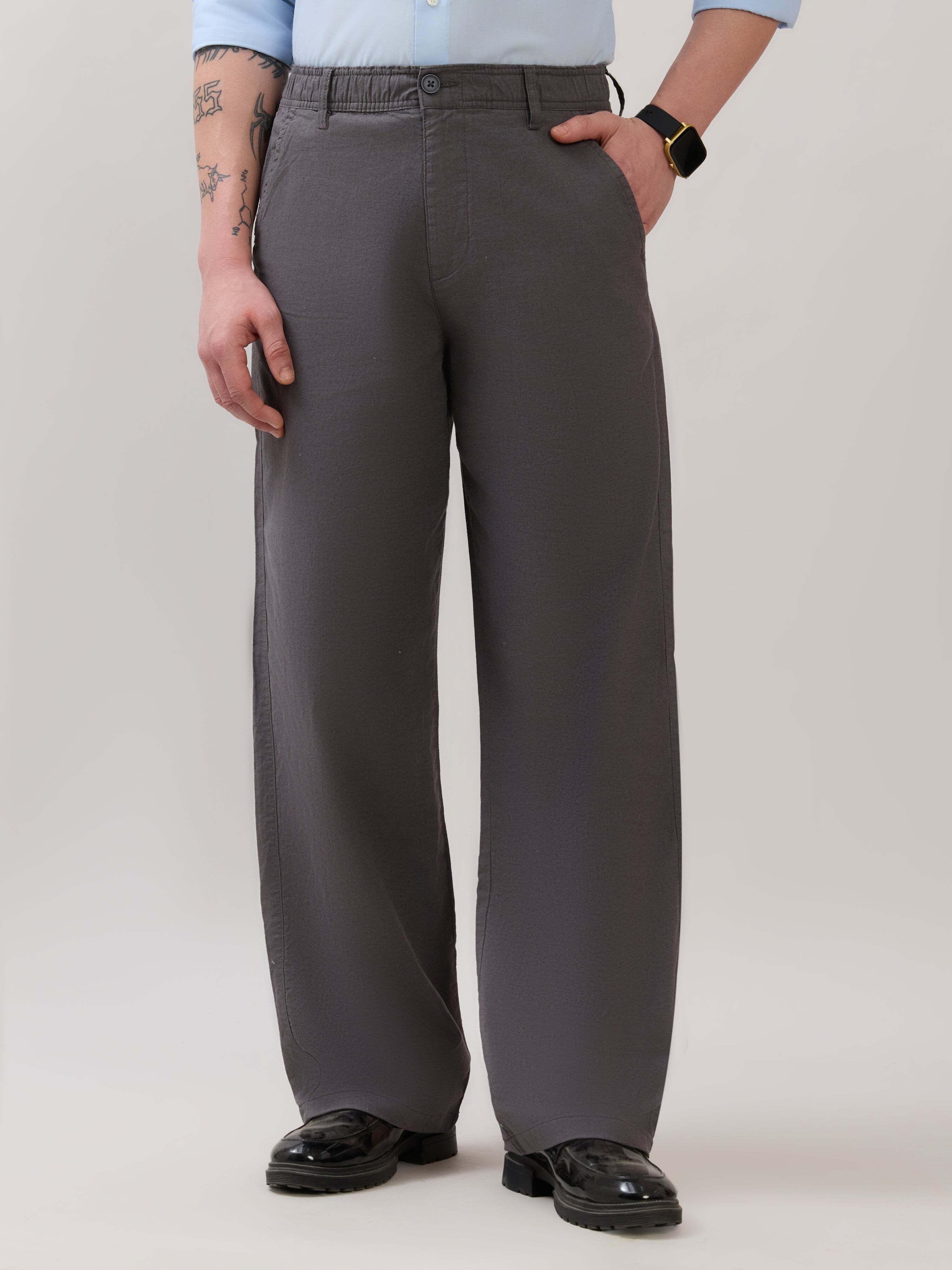 espanshe Men Loose Fit Grey Linen Blend Trousers-picture-32