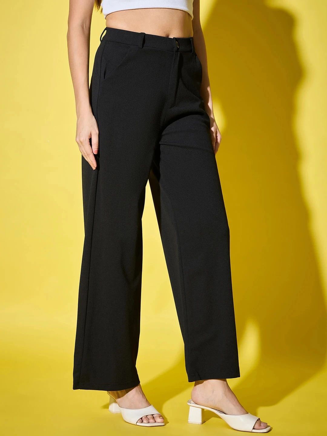 Women Straight Fit Black Polyester Trousers-image-32