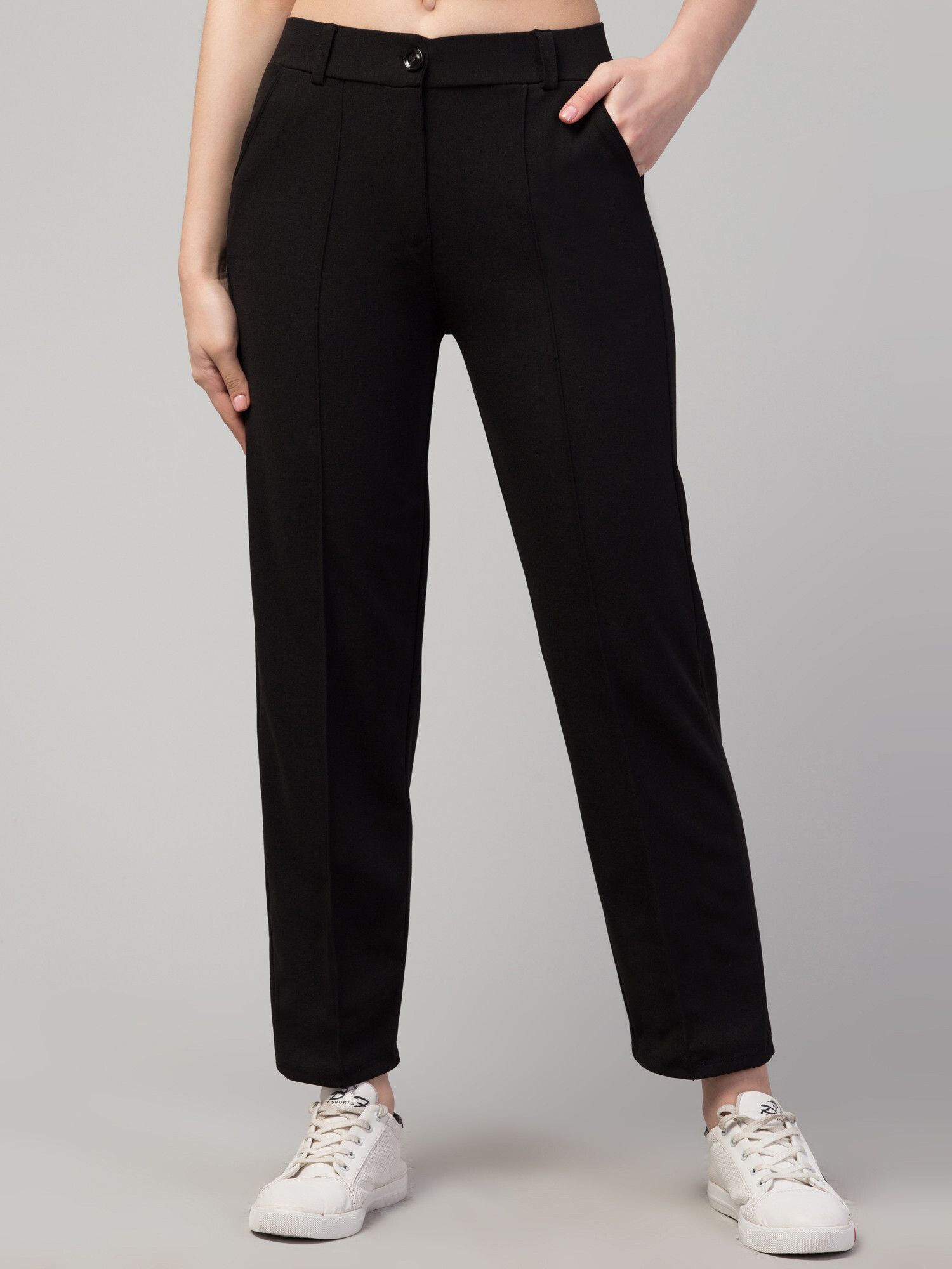 tiger style Women Regular Fit Black Cotton Blend Trousers-picture-10