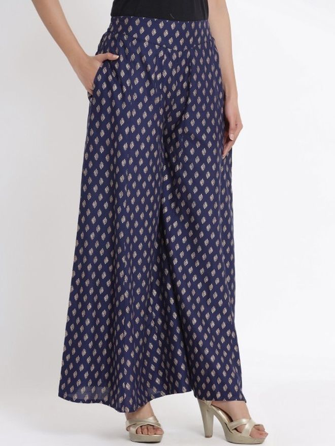 Women Flared Dark Blue Cotton Blend Trousers-image-45