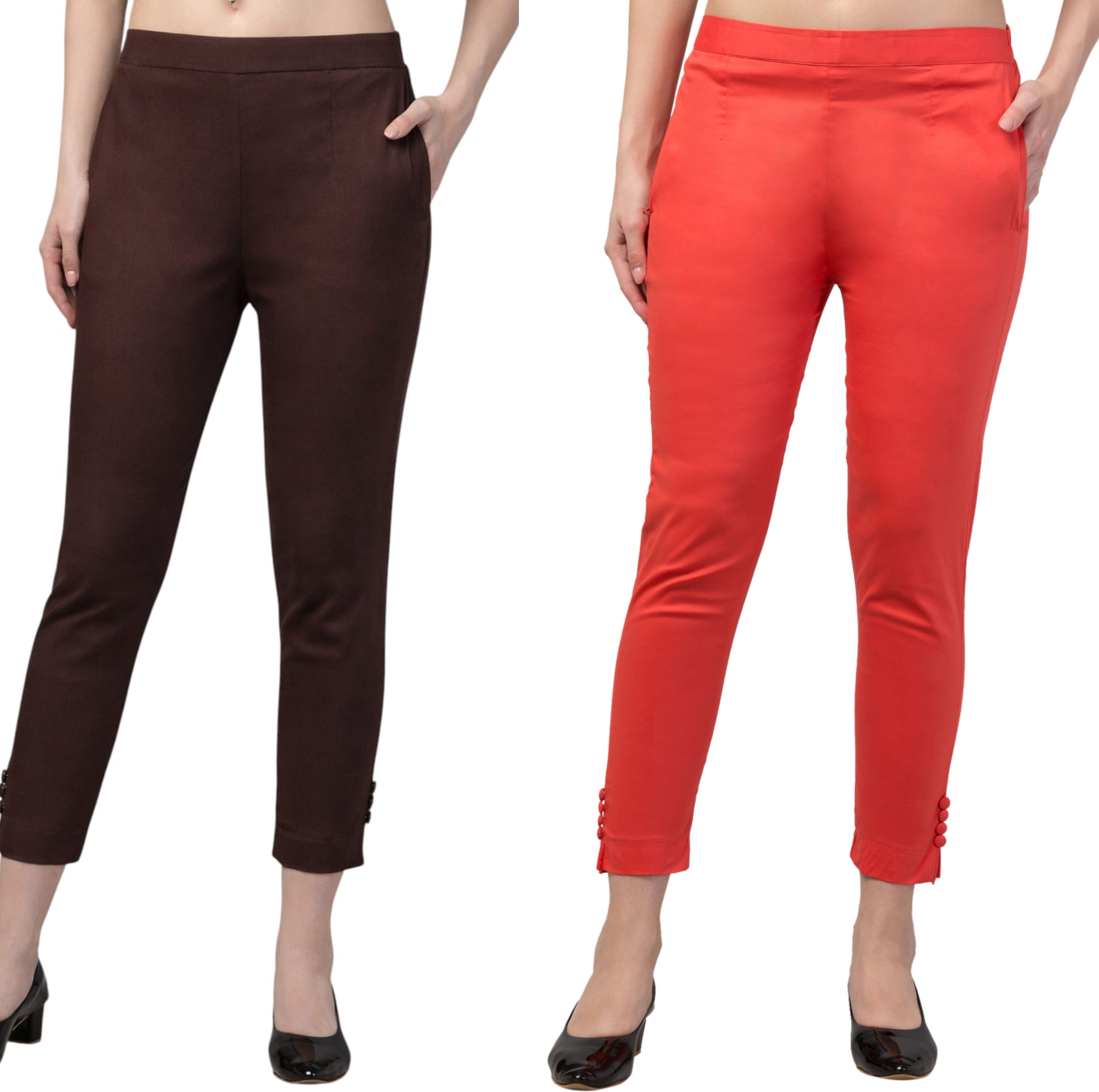 Pack of 2 Women Regular Fit Brown, Red Cotton Blend Trousers-image-37