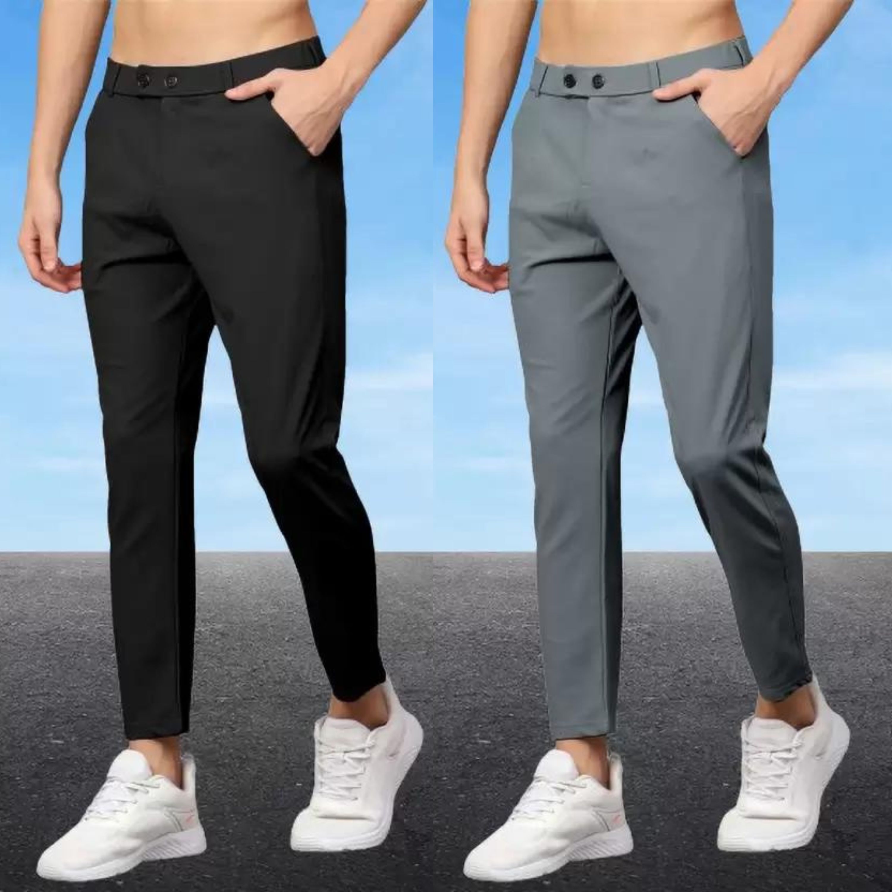 we perfect Pack of 2 Men Slim Fit Black, Grey Lycra Blend Trousers-picture-17
