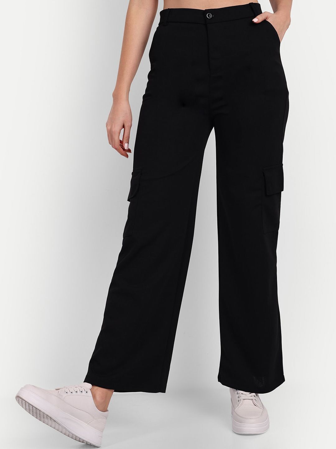 Women Loose Fit Black Lycra Blend Trousers-image-31