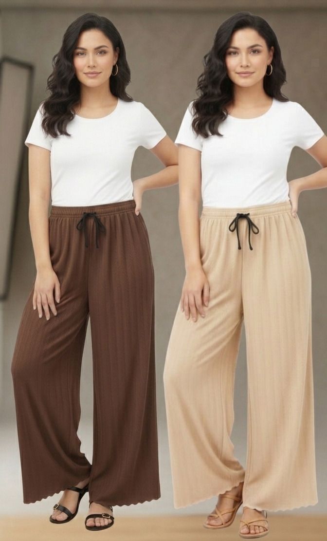 Pack of 2 Women Loose Fit Brown, Beige Lycra Blend Trousers-image-27