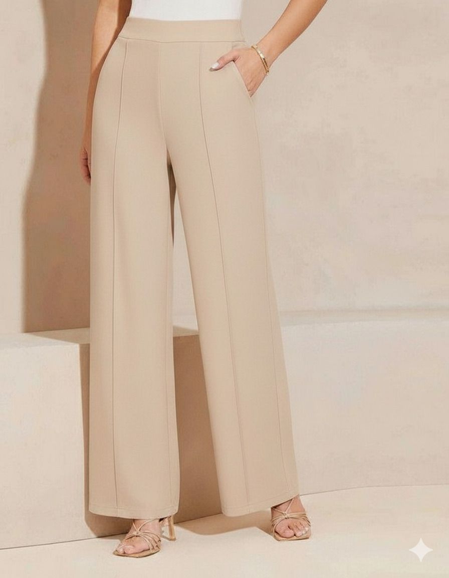 Women Straight Fit Beige Viscose Rayon Trousers