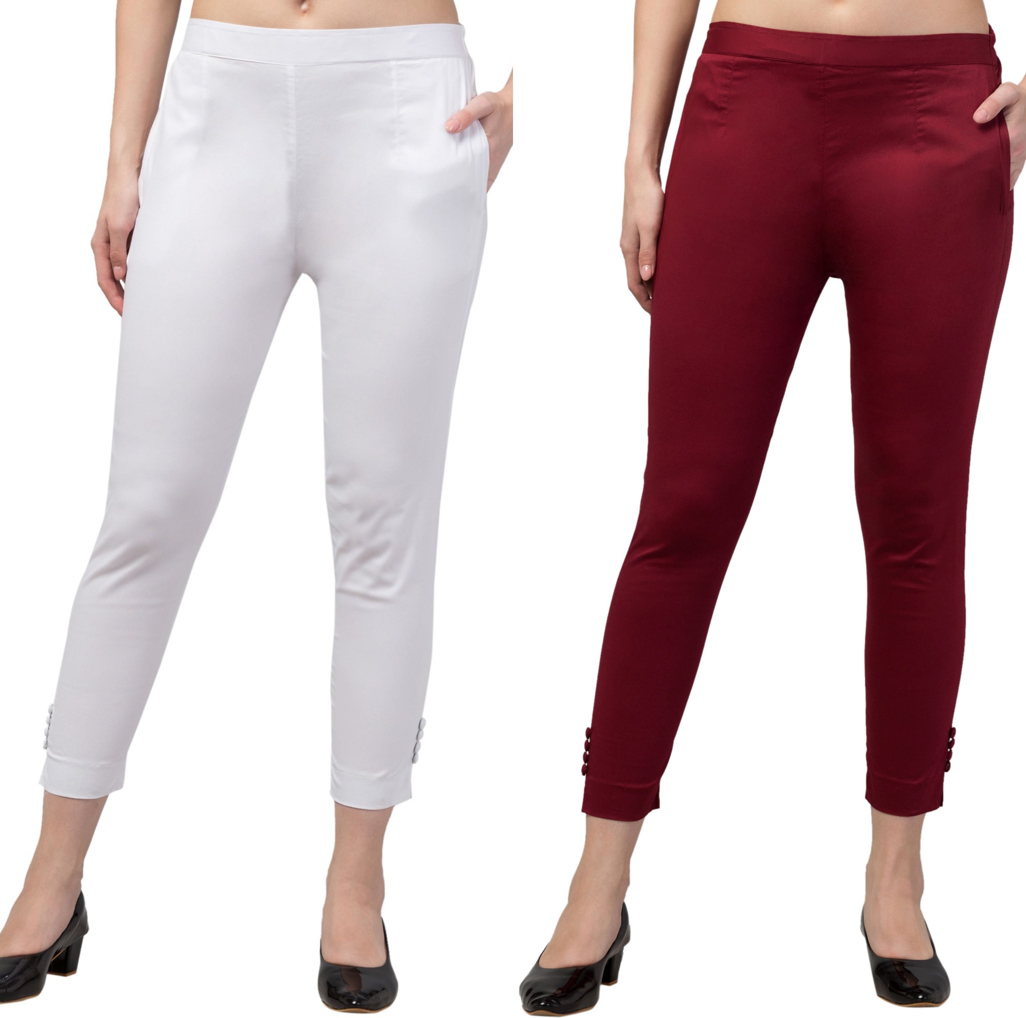 Pack of 2 Women Regular Fit White, Maroon Cotton Blend Trousers-image-29