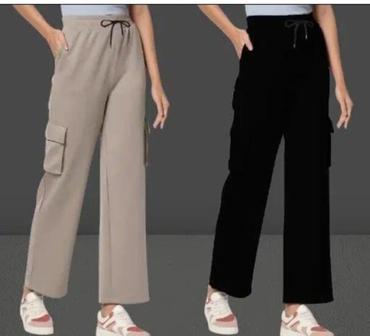 Pack of 2 Women Loose Fit Beige, Black Lycra Blend Trousers