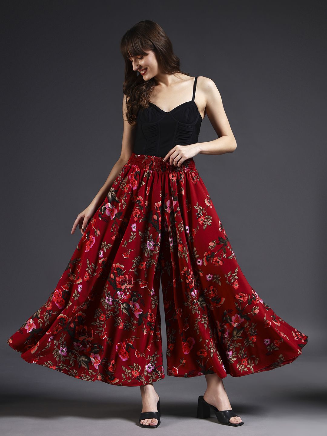 Women Flared Maroon, Green, Red Viscose Rayon Trousers