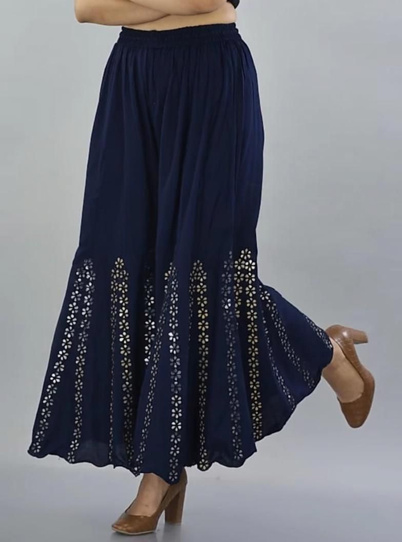 Women Flared Dark Blue Viscose Rayon Trousers-image-44