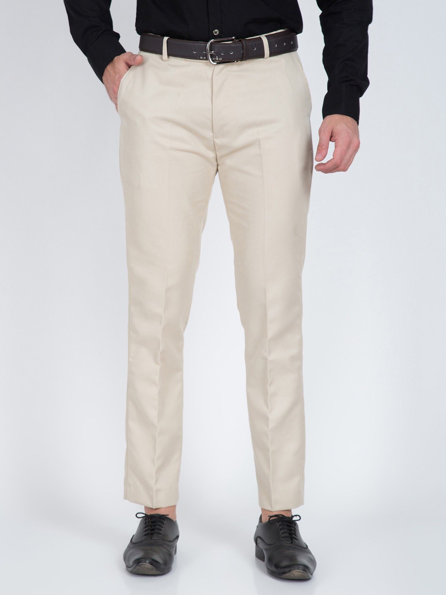 cyphus Men Regular Fit Cream Cotton Blend Trousers-picture-24