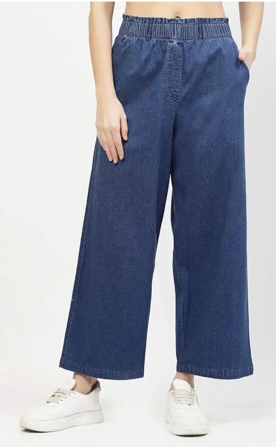 Women Loose Fit Dark Blue Pure Cotton Trousers