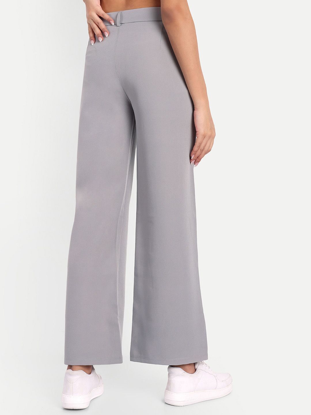 Women Loose Fit Grey Cotton Blend Trousers-image-47