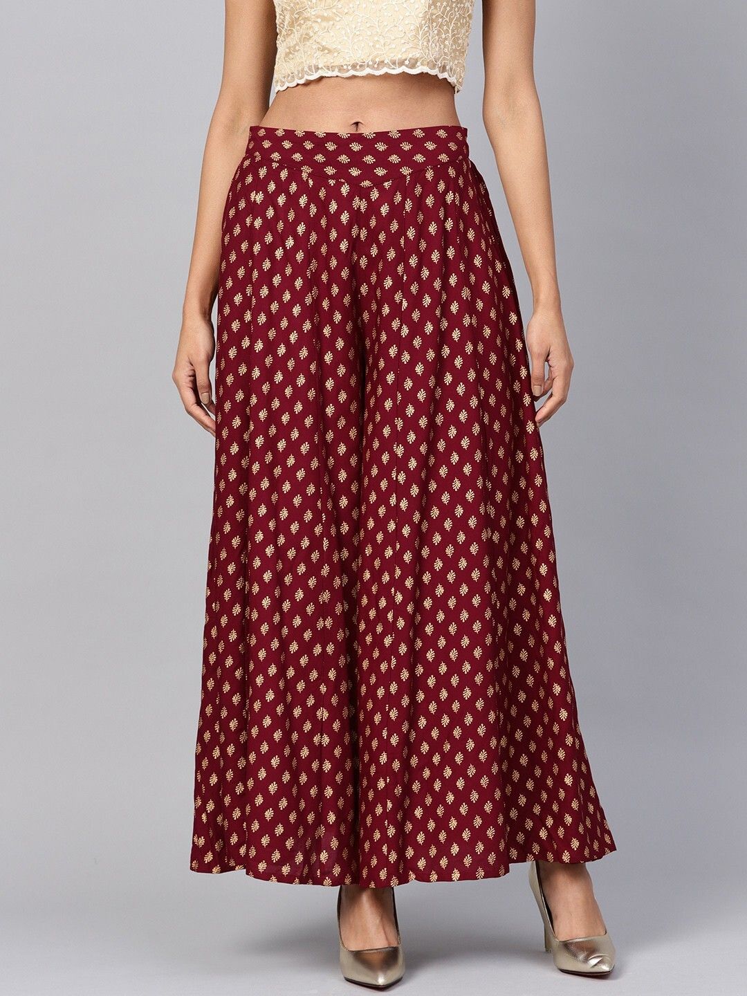 Women Flared Gold, Maroon Viscose Rayon Trousers-image-5