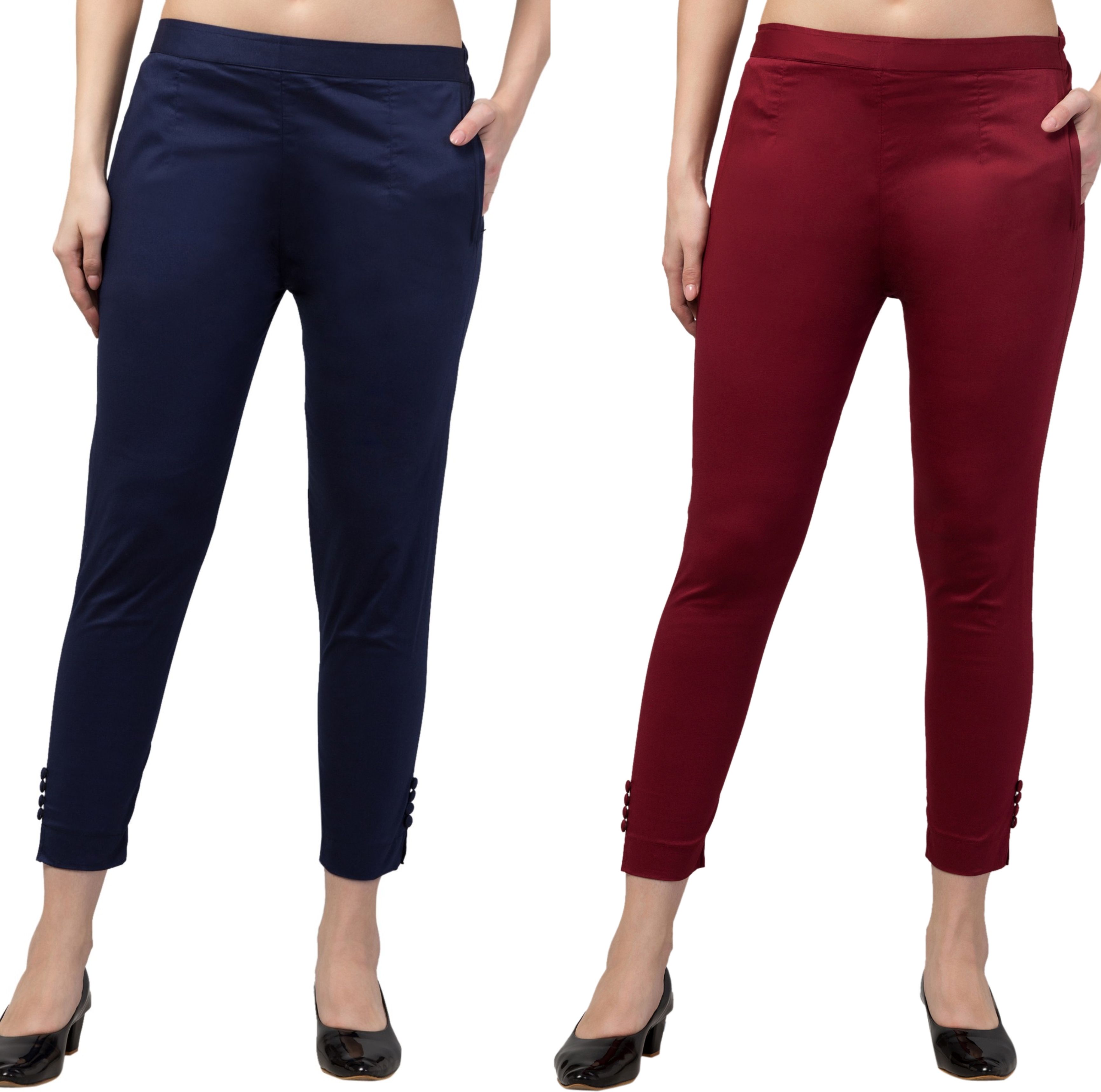 Pack of 2 Women Regular Fit Dark Blue, Maroon Cotton Blend Trousers-image-10