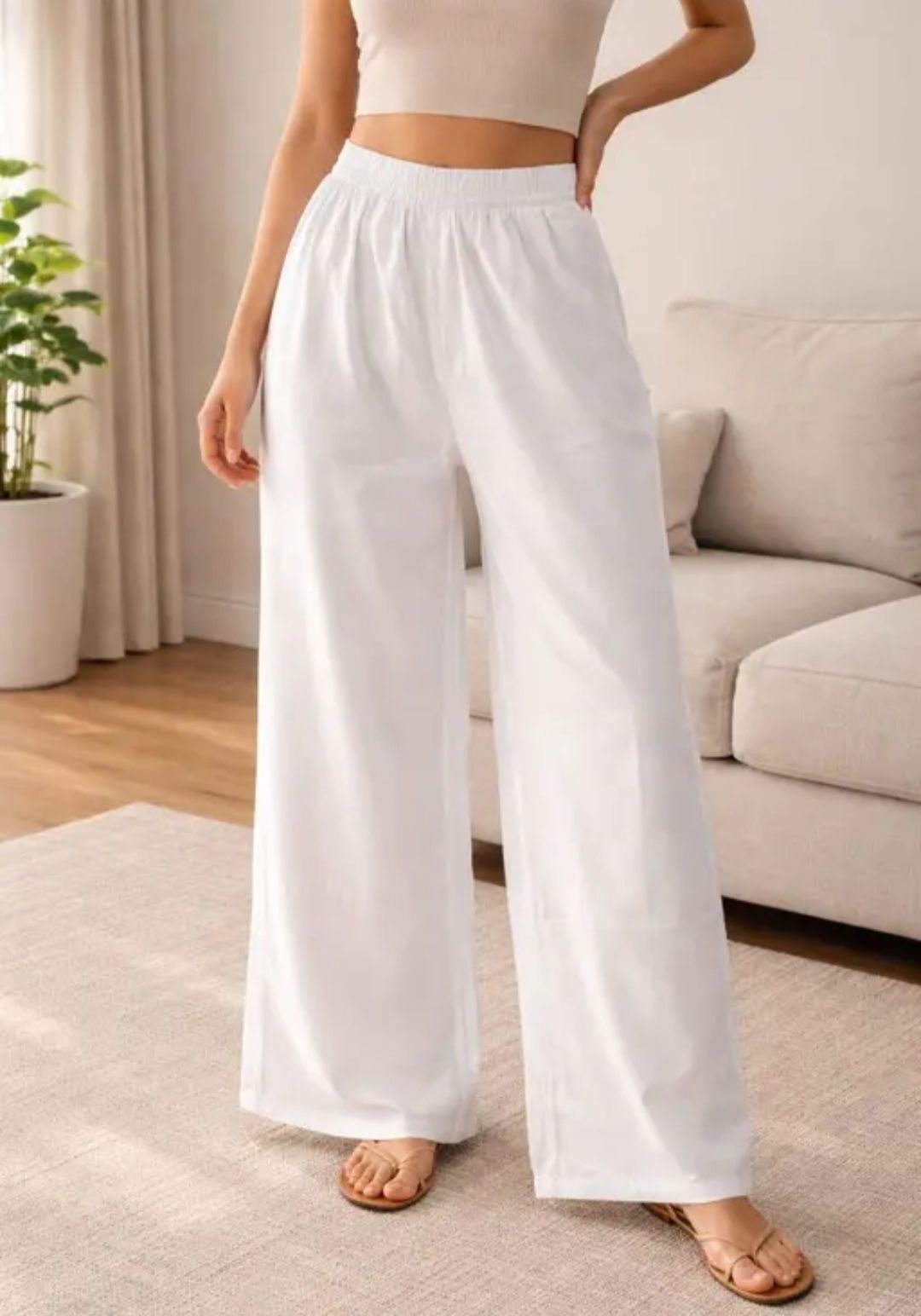 Women Flared White Pure Cotton Trousers-image-37