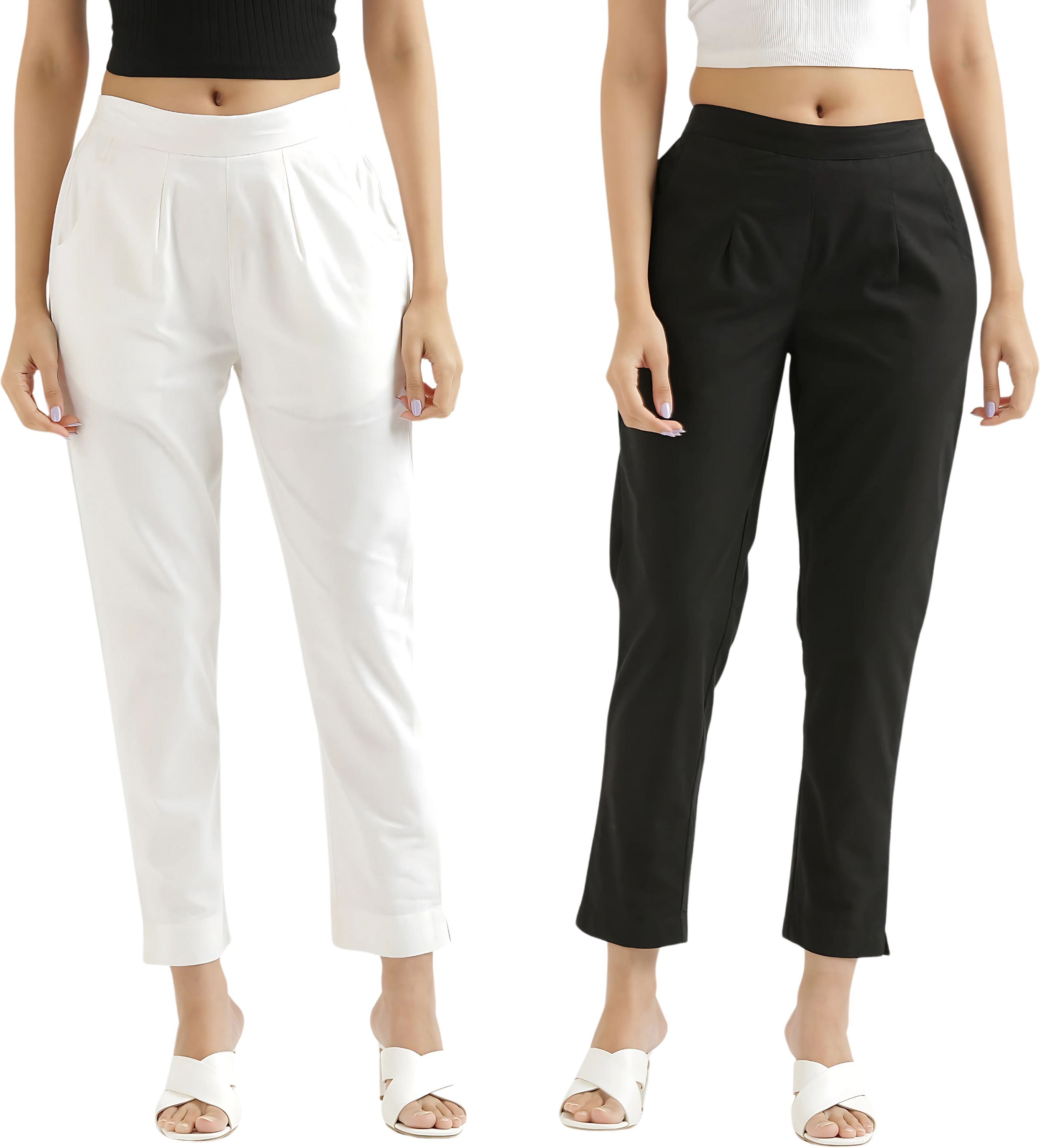 d&h Pack of 2 Women Regular Fit Black, White Pure Cotton Trousers-picture-40