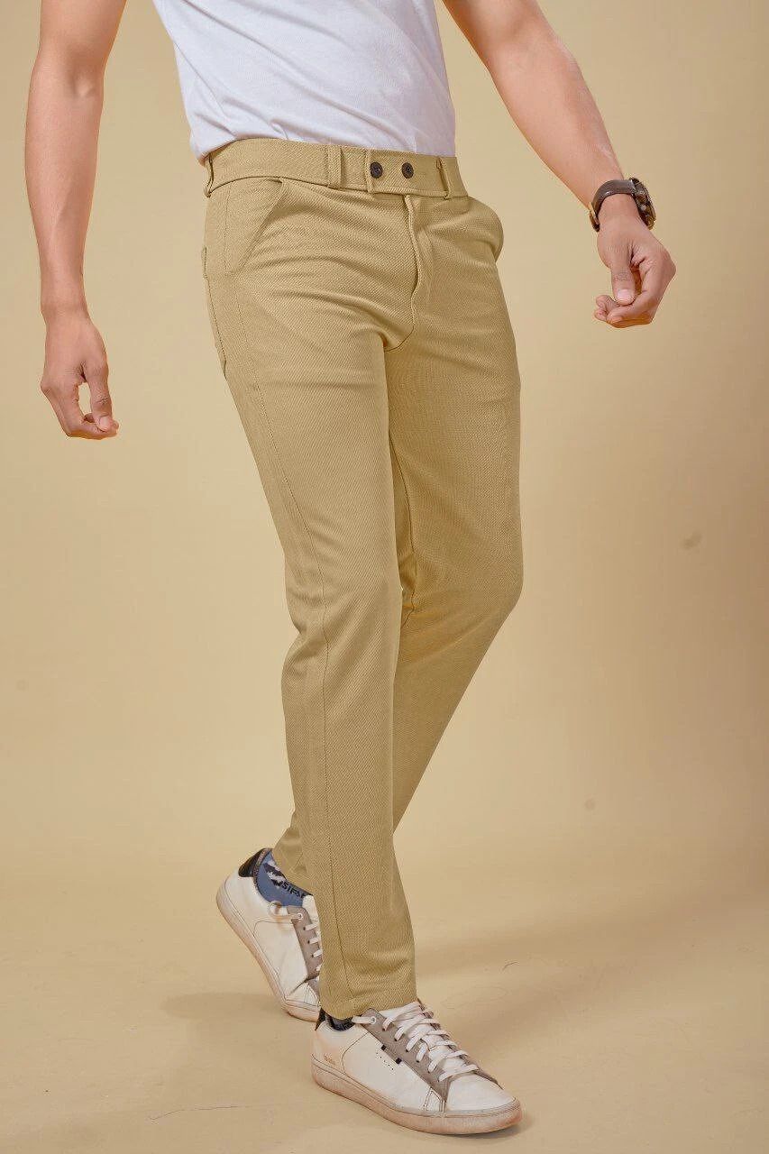 Men Comfort Fit Khaki Lycra Blend Trousers