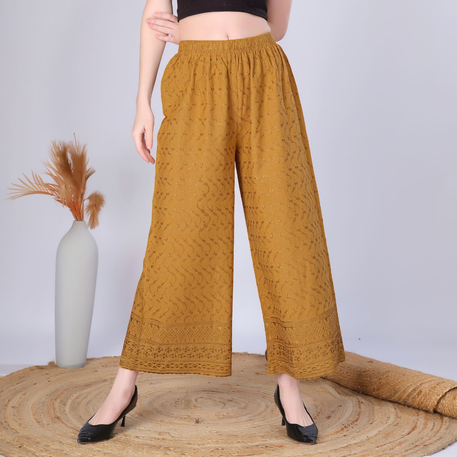 vivika Women Flared Gold Viscose Rayon Trousers-picture-38