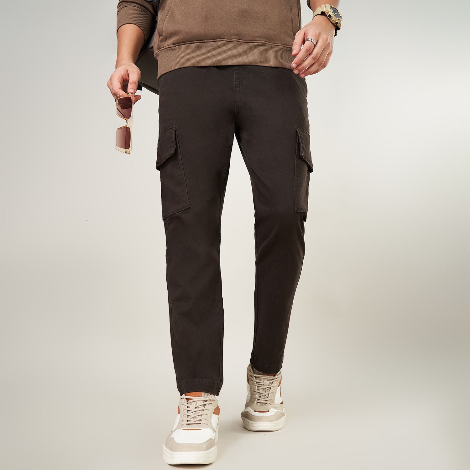 urban ranger by pantaloons Men Slim Fit Brown Cotton Blend Trousers-picture-13