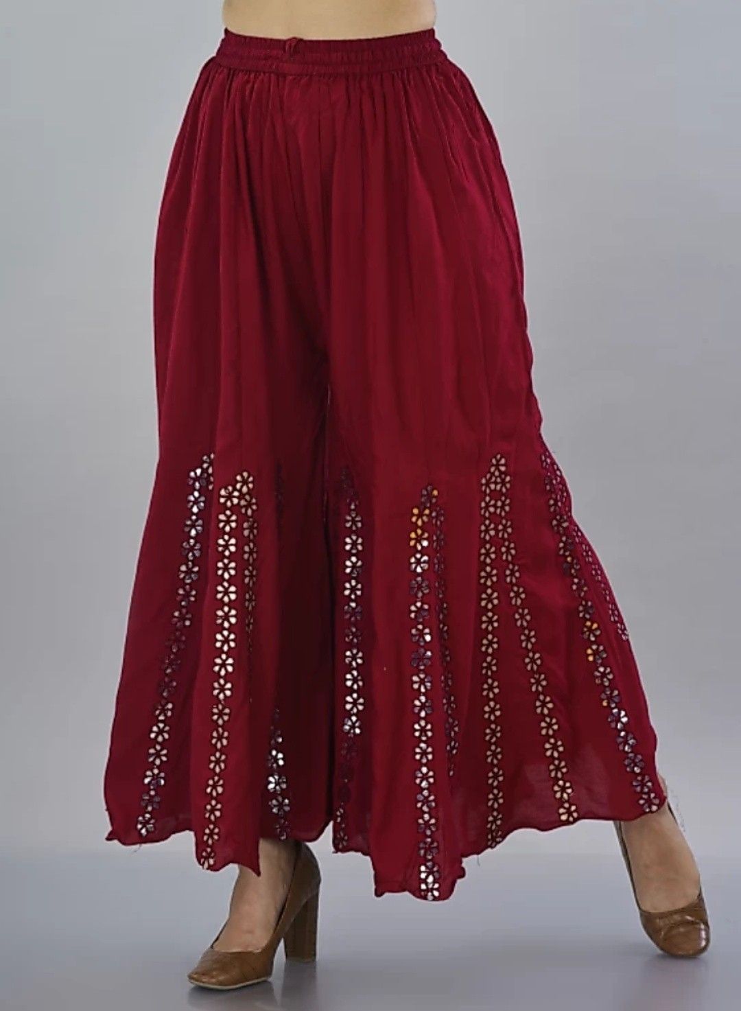 Women Flared Maroon Cotton Blend Trousers