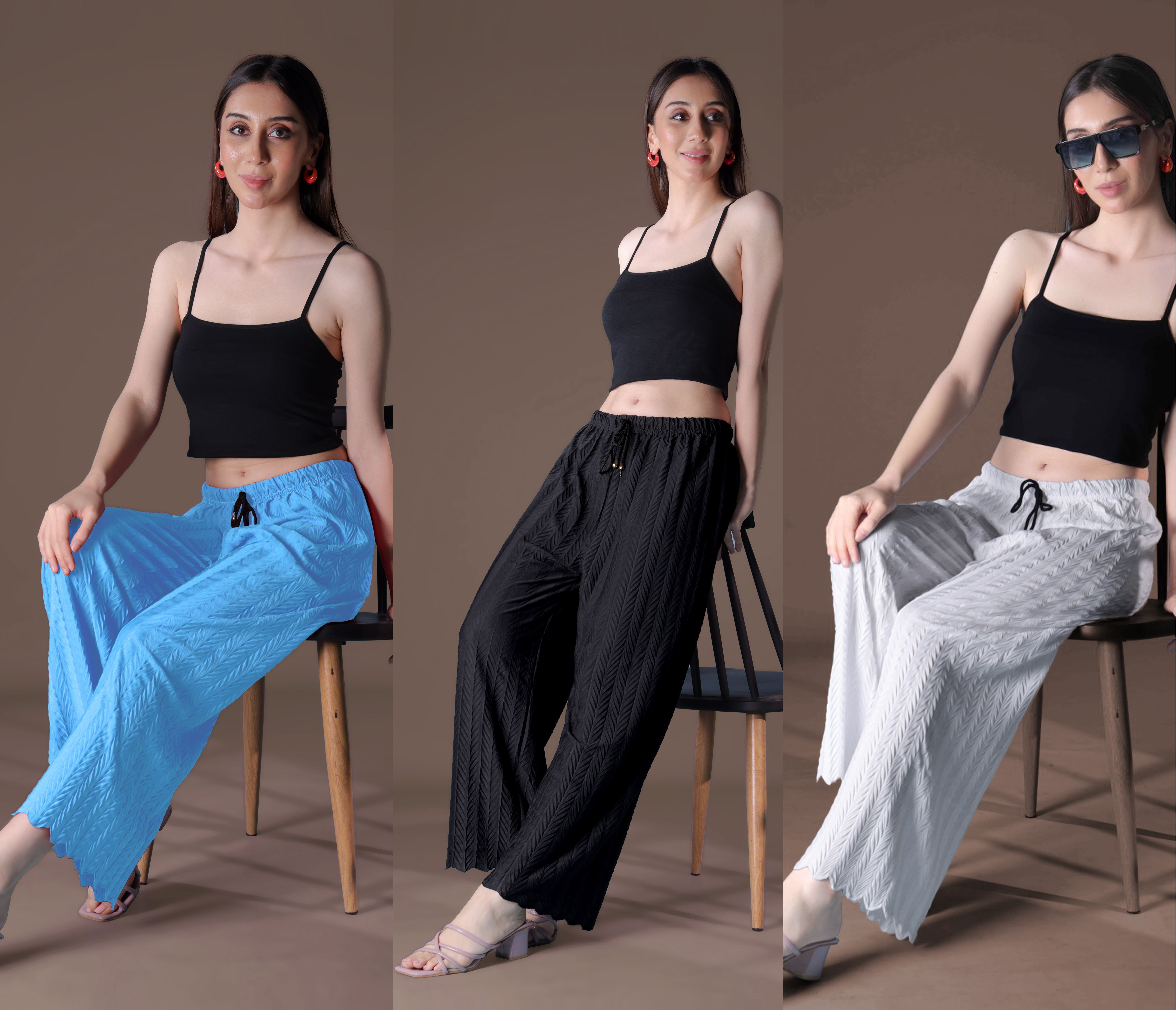 tijarat Pack of 3 Women Loose Fit Black, Light Blue, White Lycra Blend Trousers-picture-6