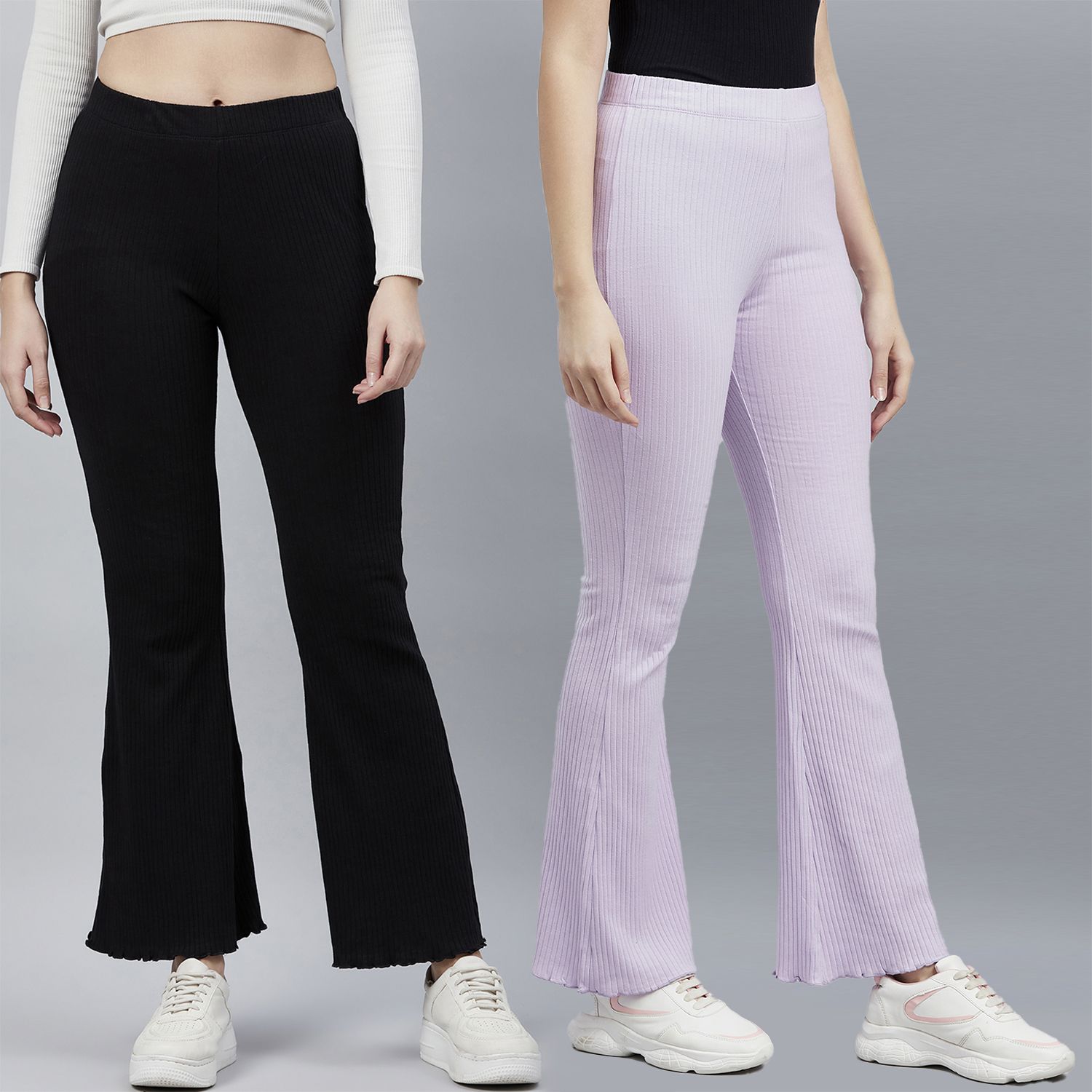 blinkin Pack of 2 Women Flared Black, Purple Cotton Blend Trousers-picture-20