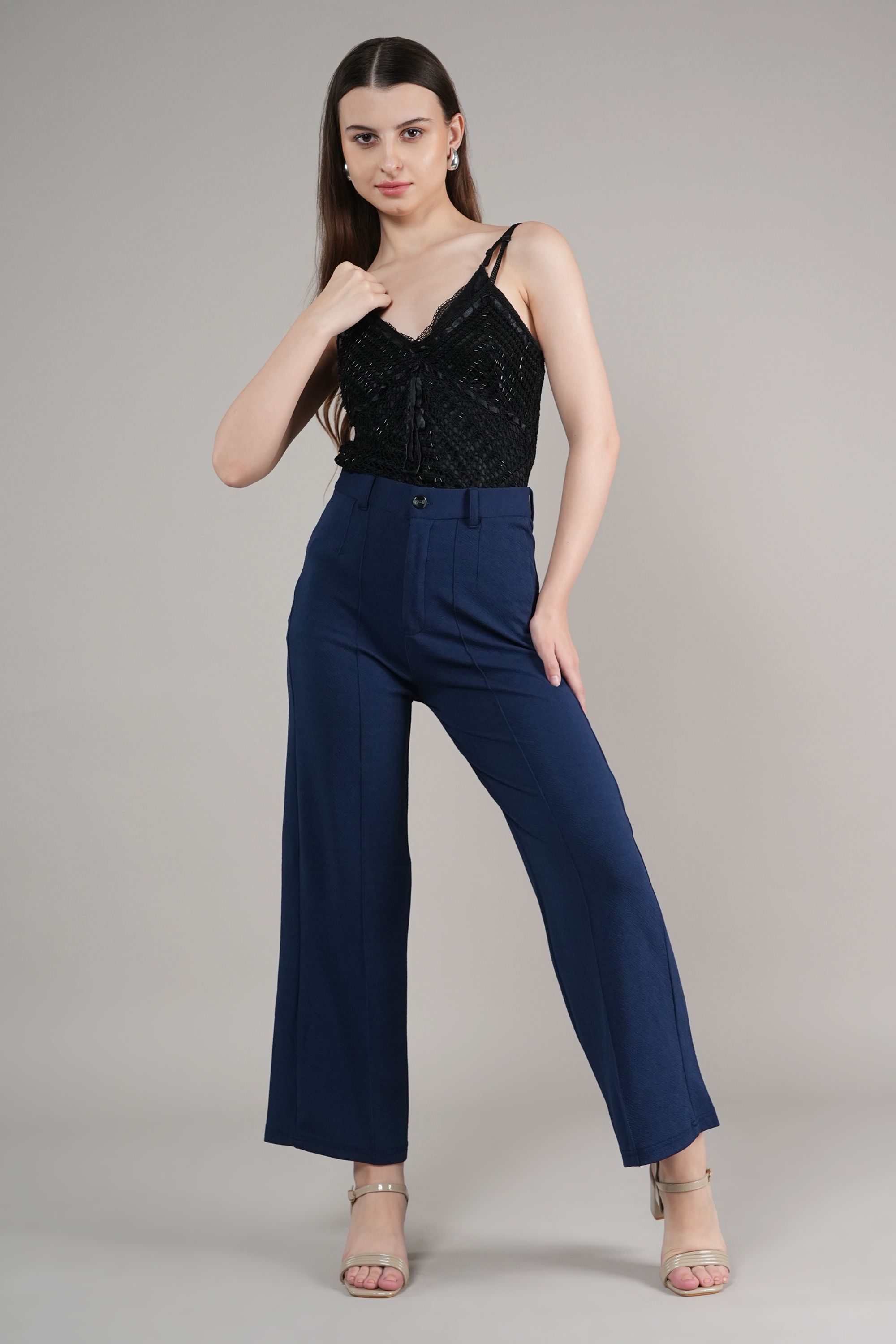 neysa Women Regular Fit Dark Blue Cotton Blend Trousers-picture-4