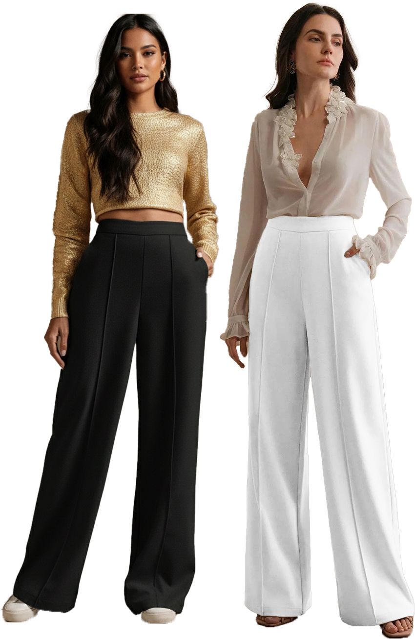 Pack of 2 Women Loose Fit Black, White Viscose Rayon Trousers-image-48
