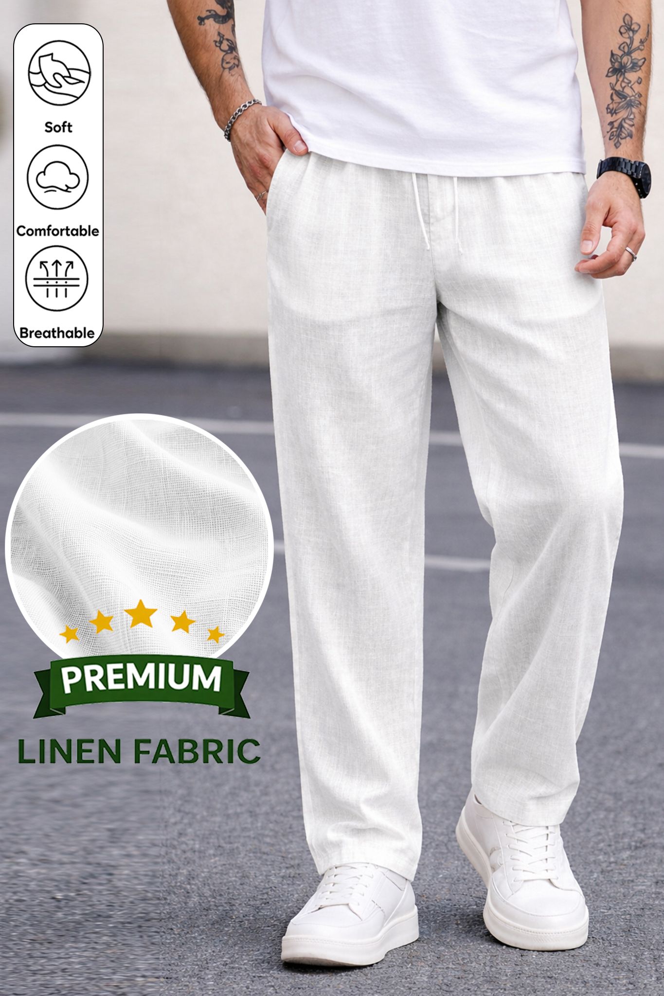 motrex Men Slim Fit White Pure Linen Trousers-picture-21