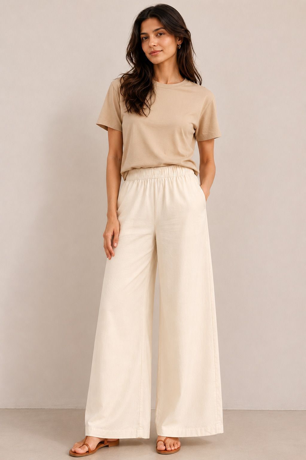 Women Relaxed Cream Pure Cotton Trousers-image-48