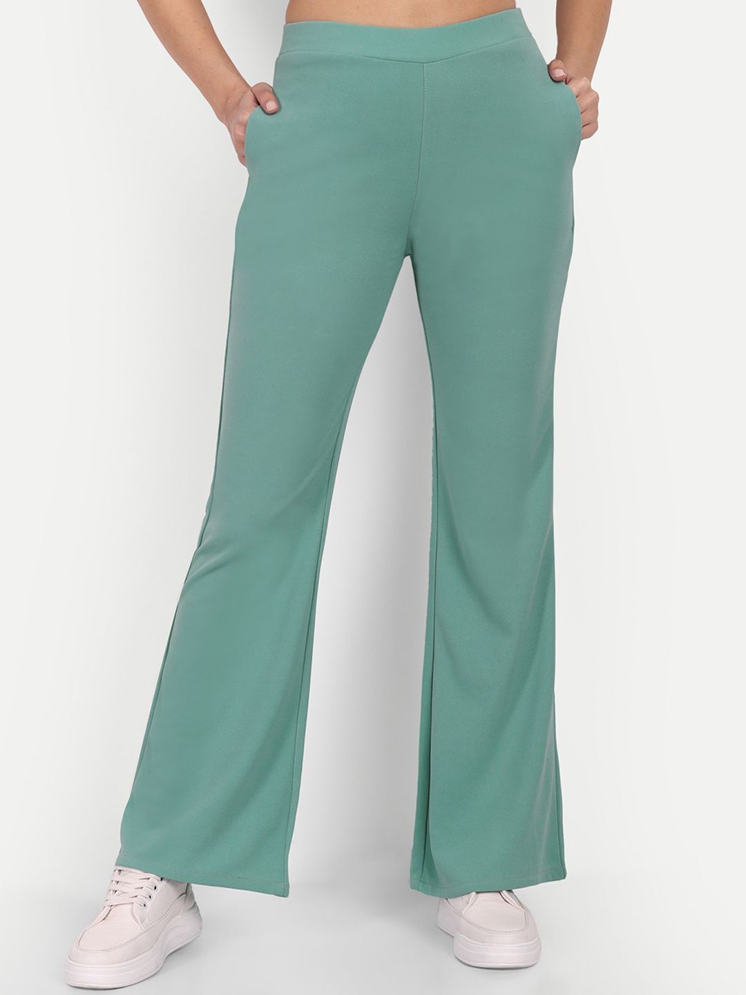 Women Flared Green Polyester Trousers-image-44