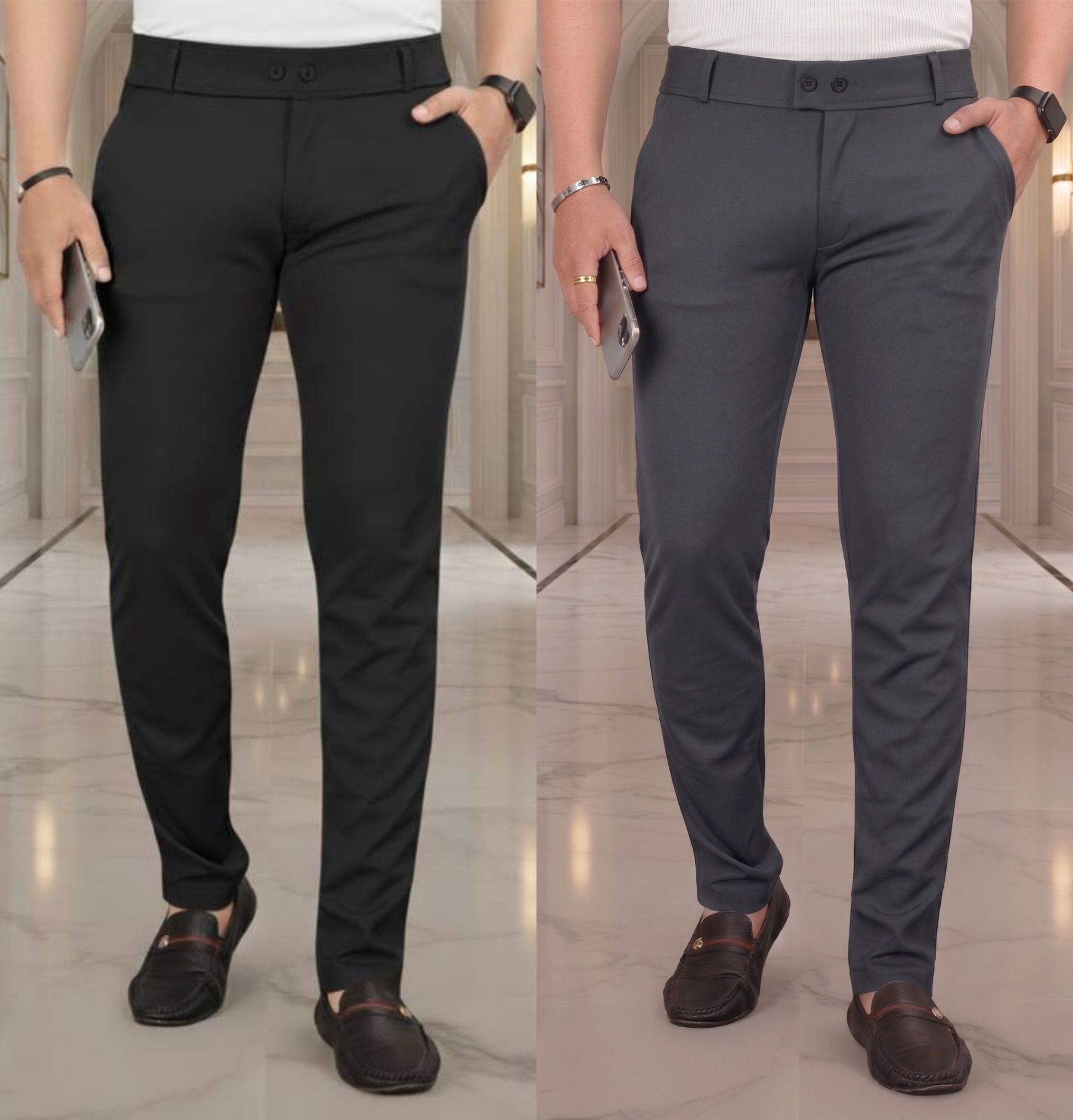 fabaura Men Slim Fit Black, Grey Lycra Blend Trousers-picture-33
