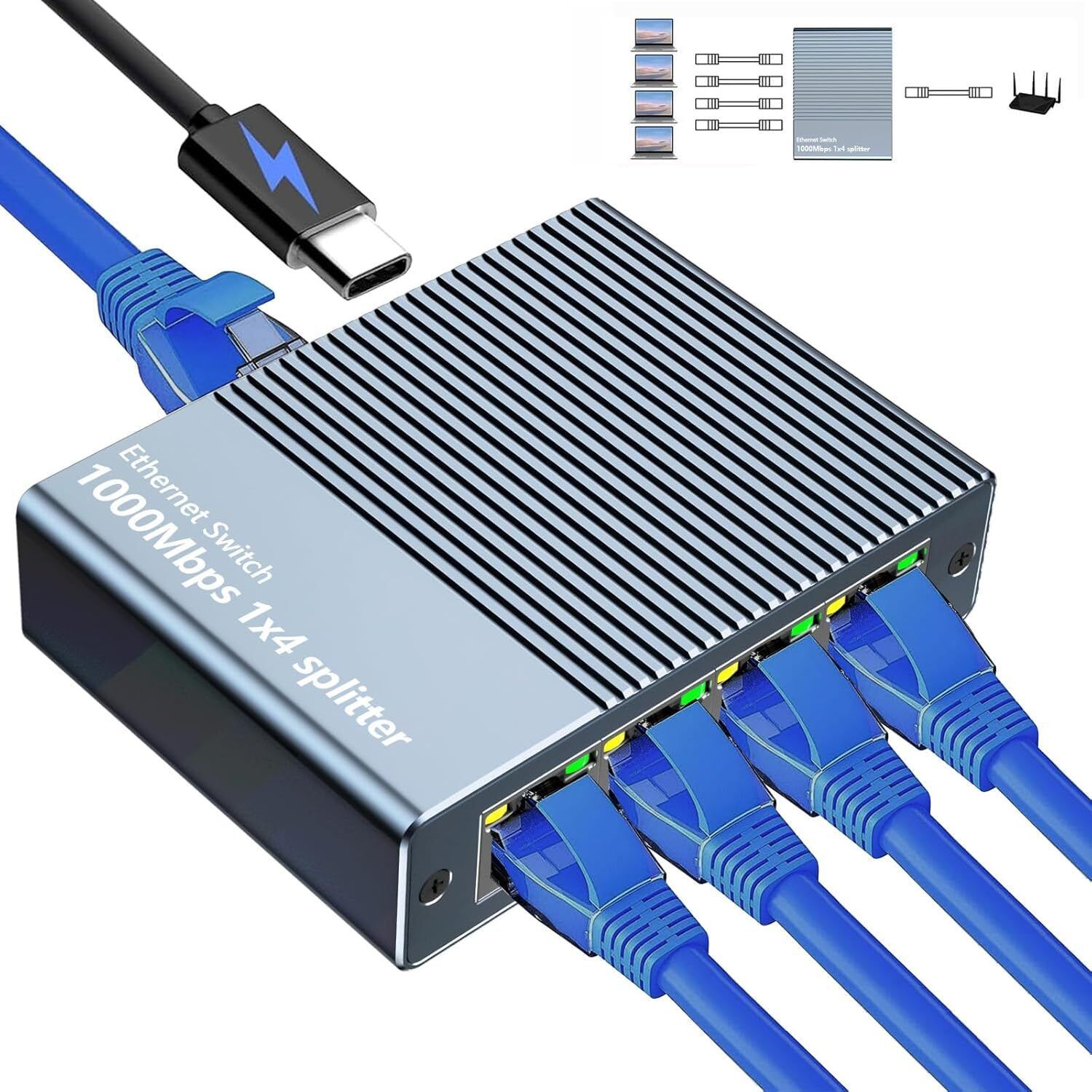 Ethernet Splitter, RJ45 Splitter 1 in 4 Out, 1000Mbps Ethernet Adapter TD-1467H VOIP Adapter