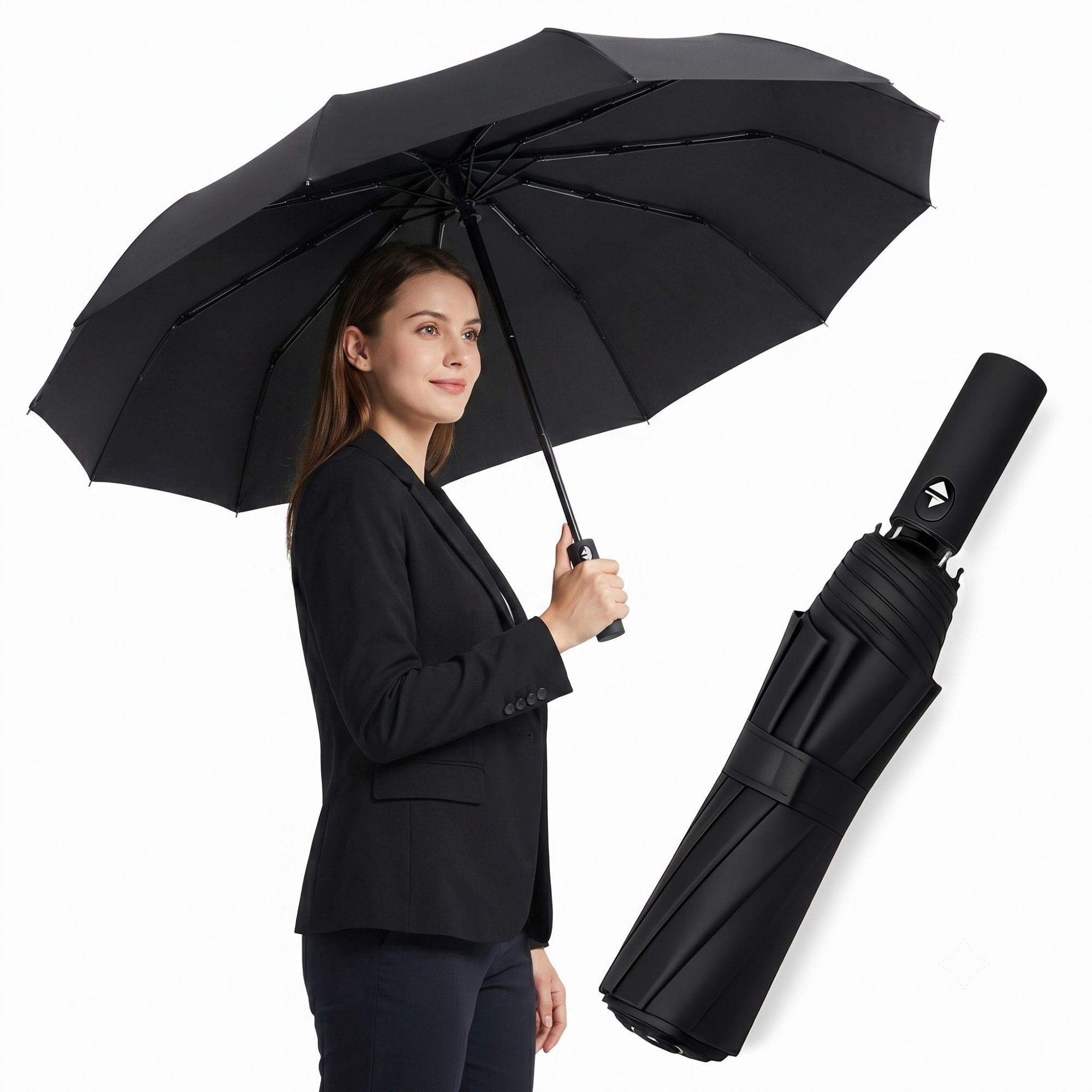 Auto Open & Close 10-Rib Windproof Foldable Umbrella (Black, 3-Fold-PL321) Umbrella-image-27