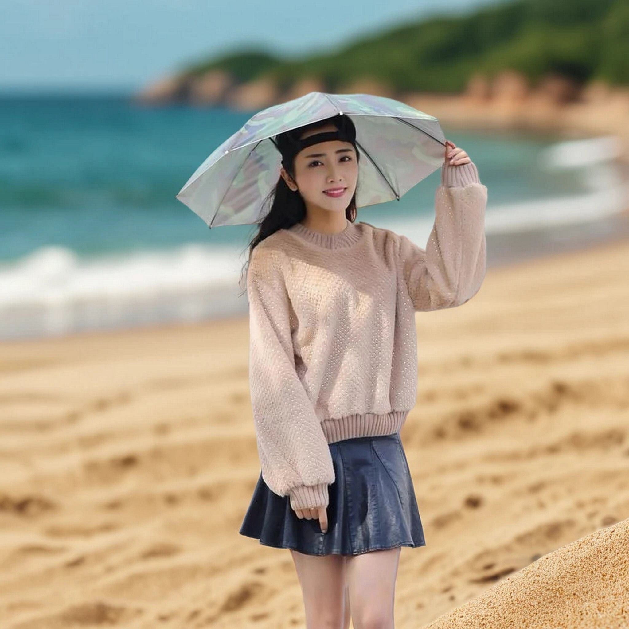 Sun and Rain Shield Umbrella Hat with Elastic Headband Umbrella-image-10