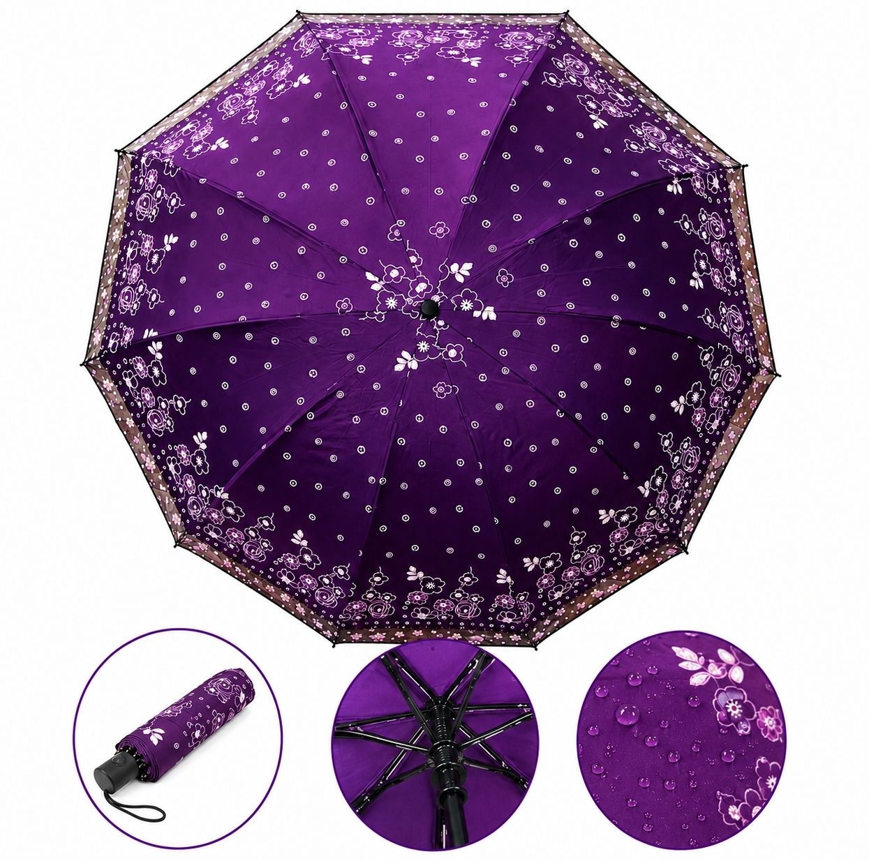 Floral printed purple colour three fold umbrella Umbrella-image-34